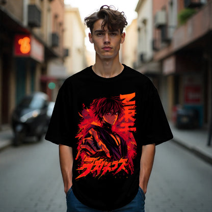 Person wearing a black t-shirt with a graphic design on a city street