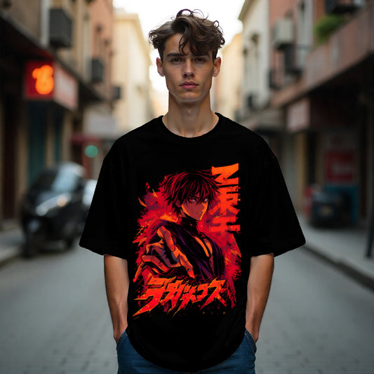 Person wearing a black t-shirt with a graphic design on a city street