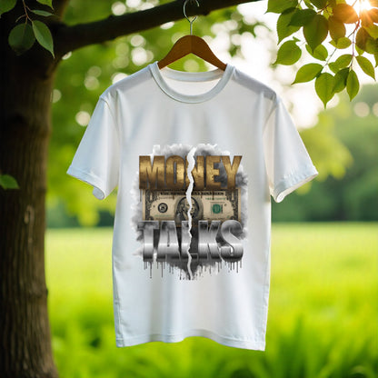 White t-shirt with money graphic design hanging on a hanger against a natural background