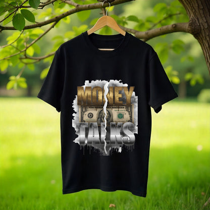 Black t-shirt with money-themed graphic on a hanger against a natural background