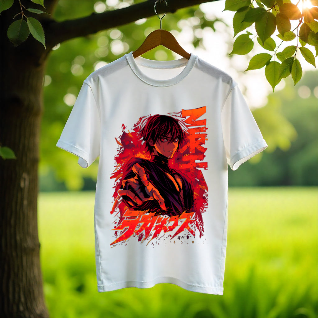 White t-shirt with anime character design hanging on a tree branch outdoors