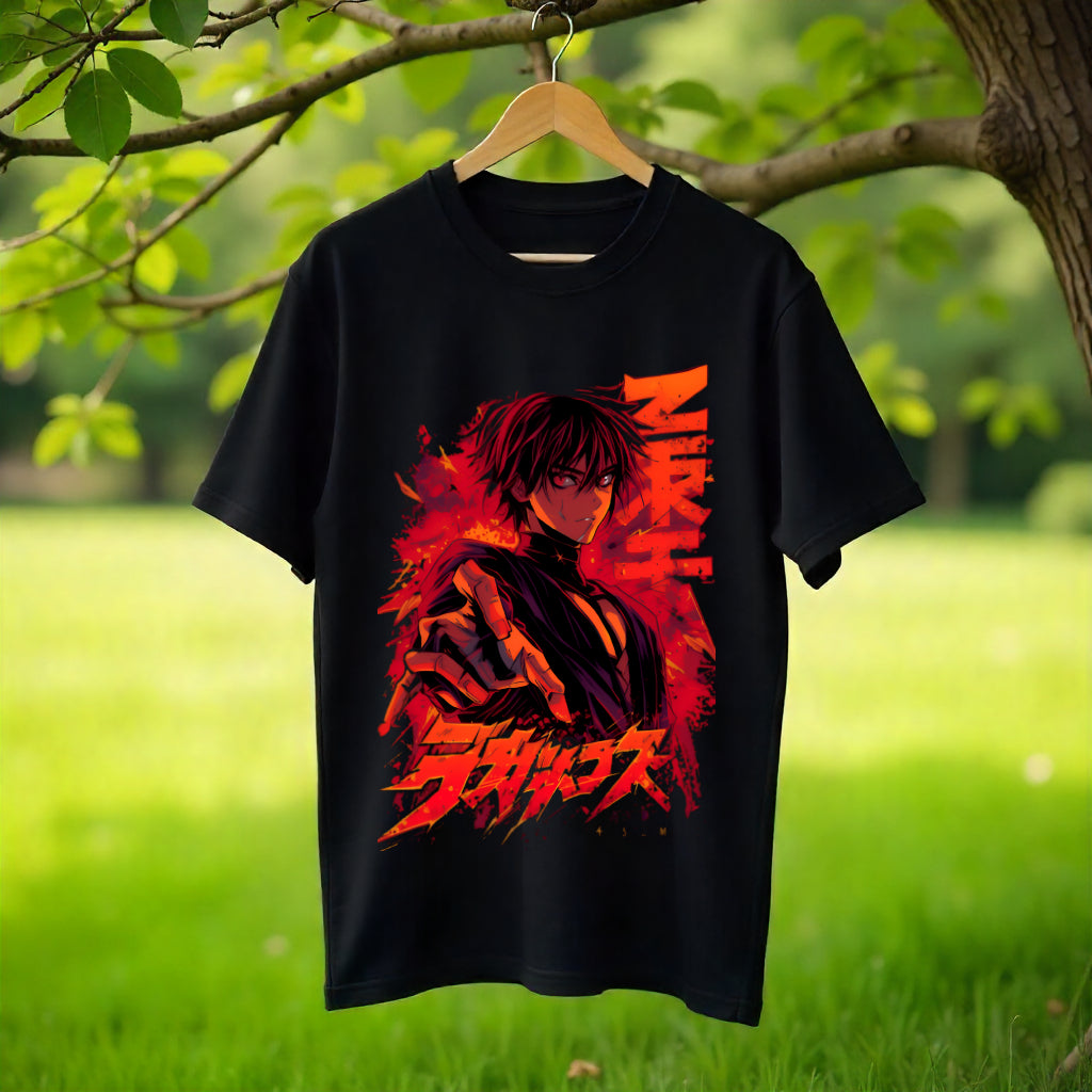 Black t-shirt with red and white graphic design hanging on a wooden hanger against a natural background.