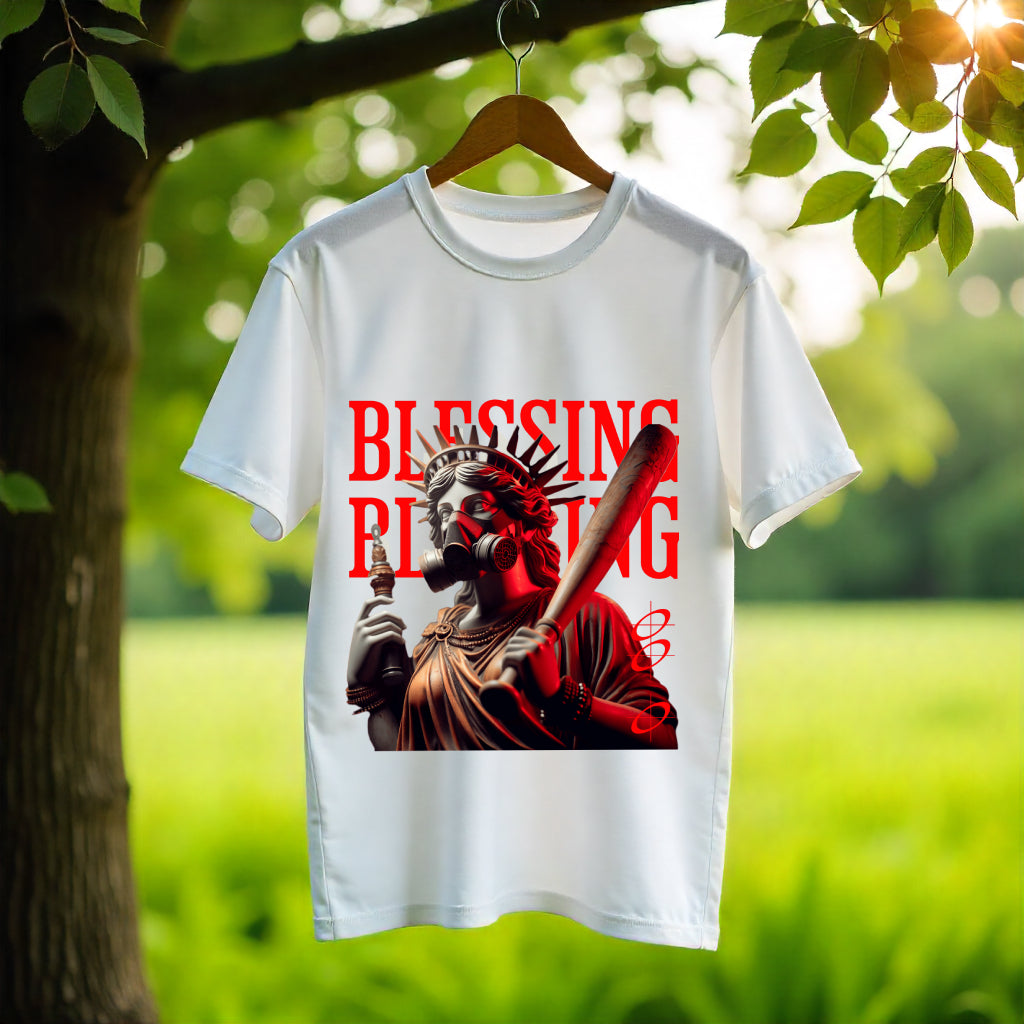 White t-shirt with graphic design of a statue holding a sword, hanging outdoors.